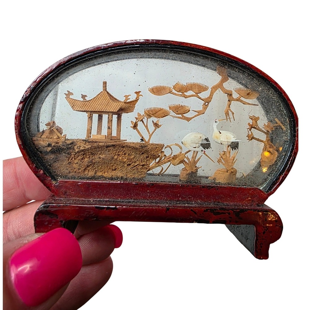 Vintage Chinese Cork Carving Diorama Pagoda Cranes Red Lacquer Glass Case 4 inA6